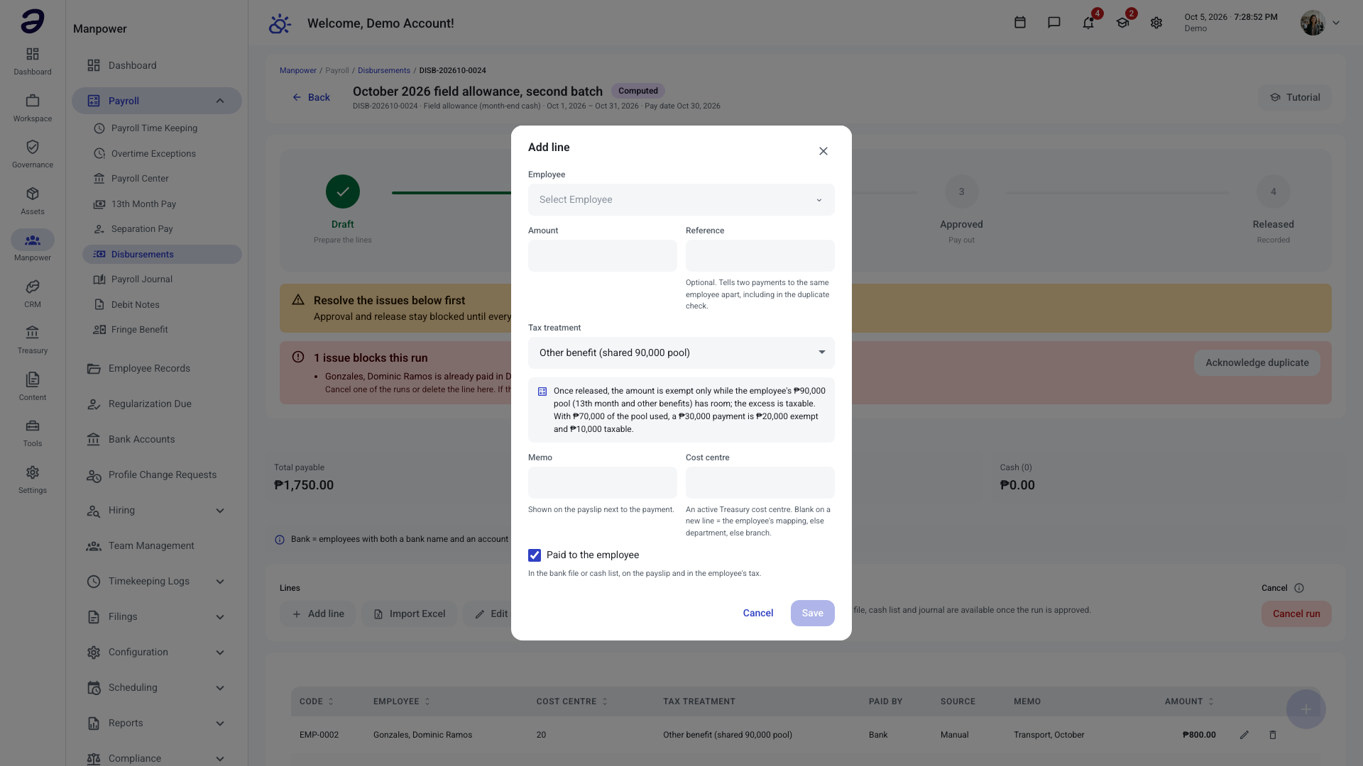 Add line dialog with the tax effect line and the paid-to-the-employee checkbox