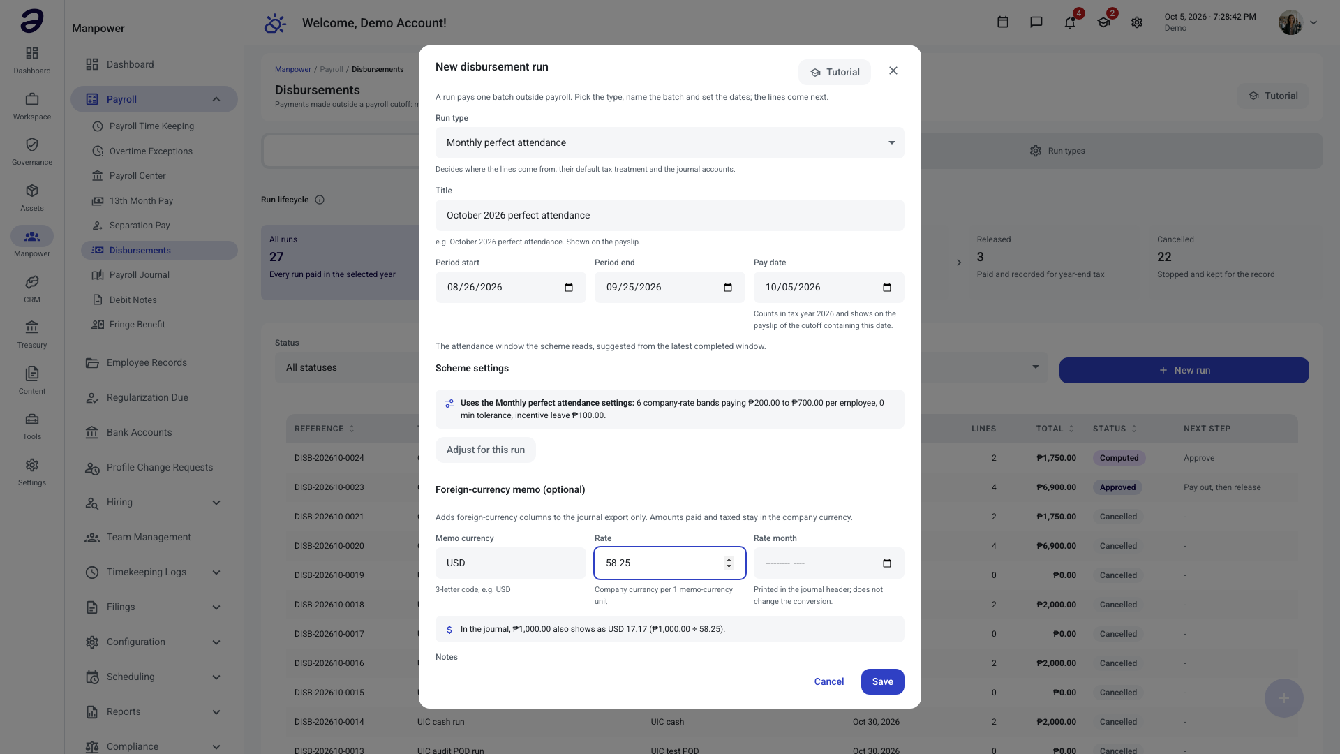 New disbursement run dialog with run type, title, period, pay date and optional memo currency