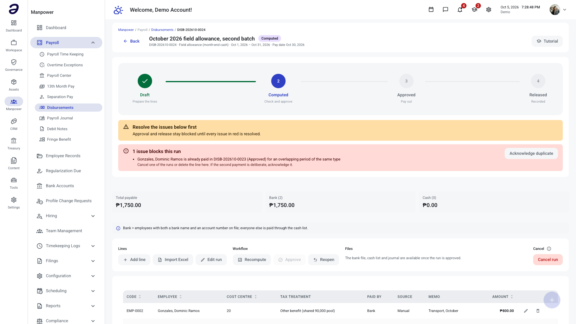 A computed run blocked by a duplicate payment, with the Acknowledge duplicate button