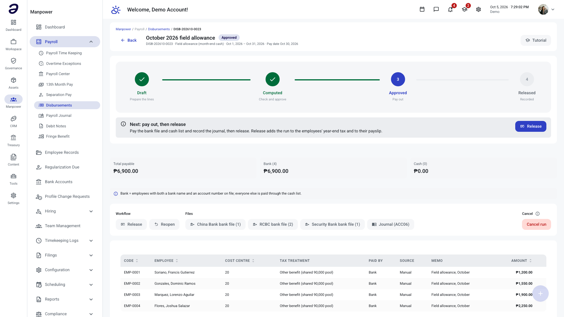 An approved run with its lifecycle stepper, the Release next step, payout totals and the grouped actions