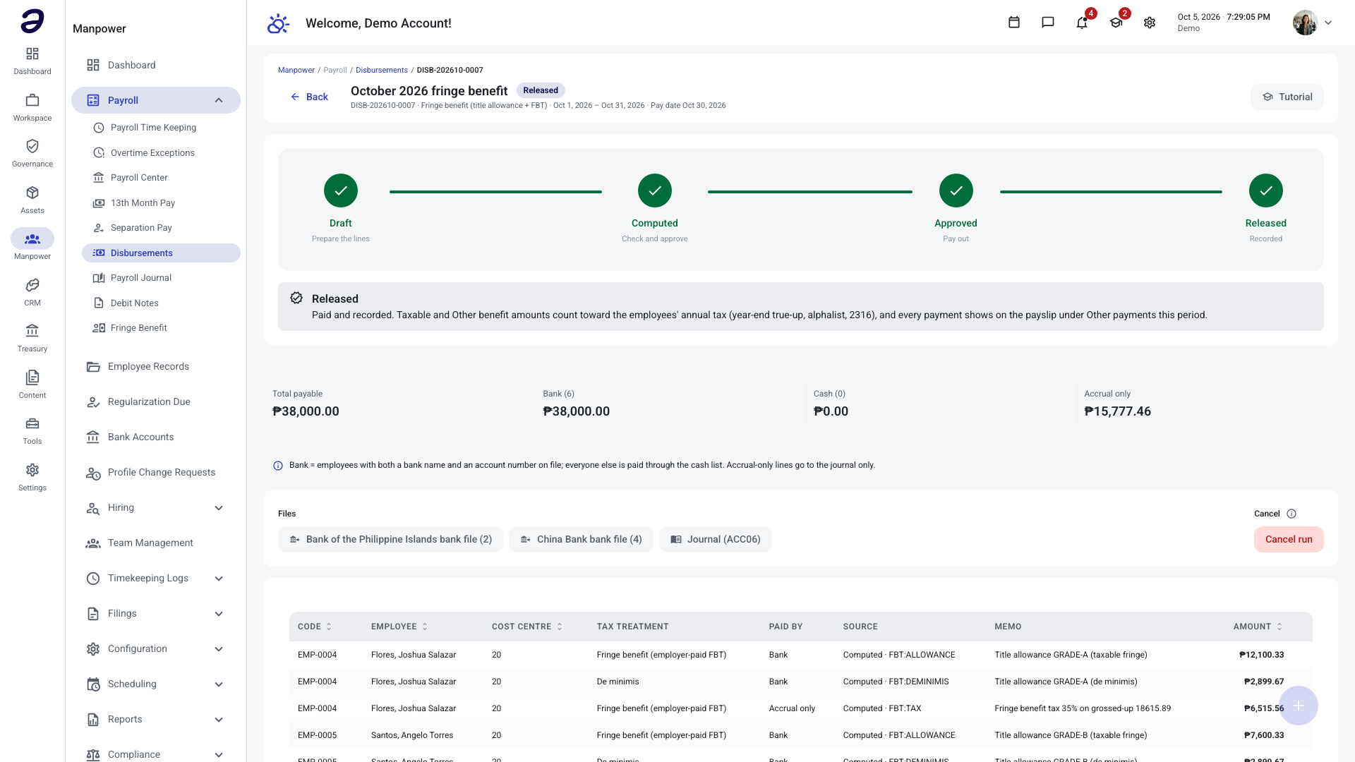 Released fringe benefit run showing de minimis, fringe benefit and accrual-only lines with bank file buttons