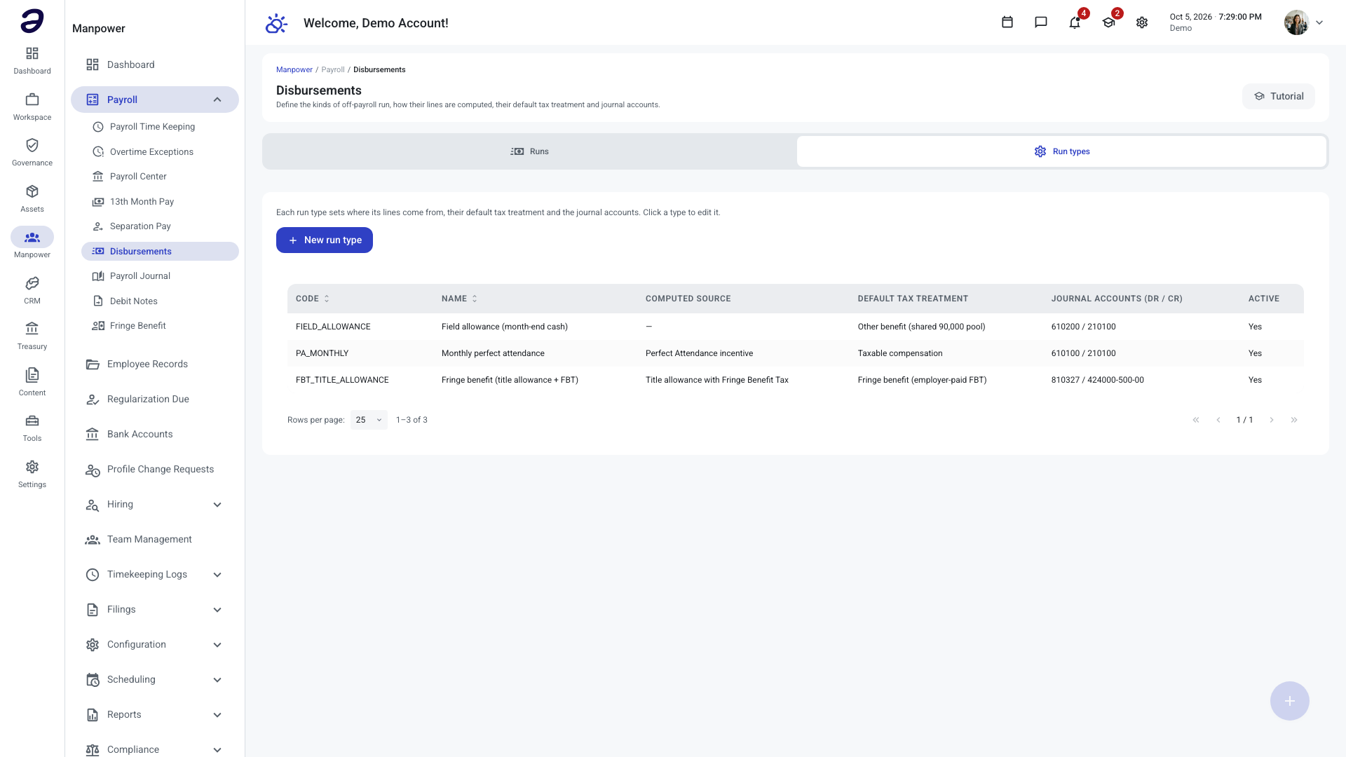 Run types tab listing each run type with its default tax treatment and journal accounts