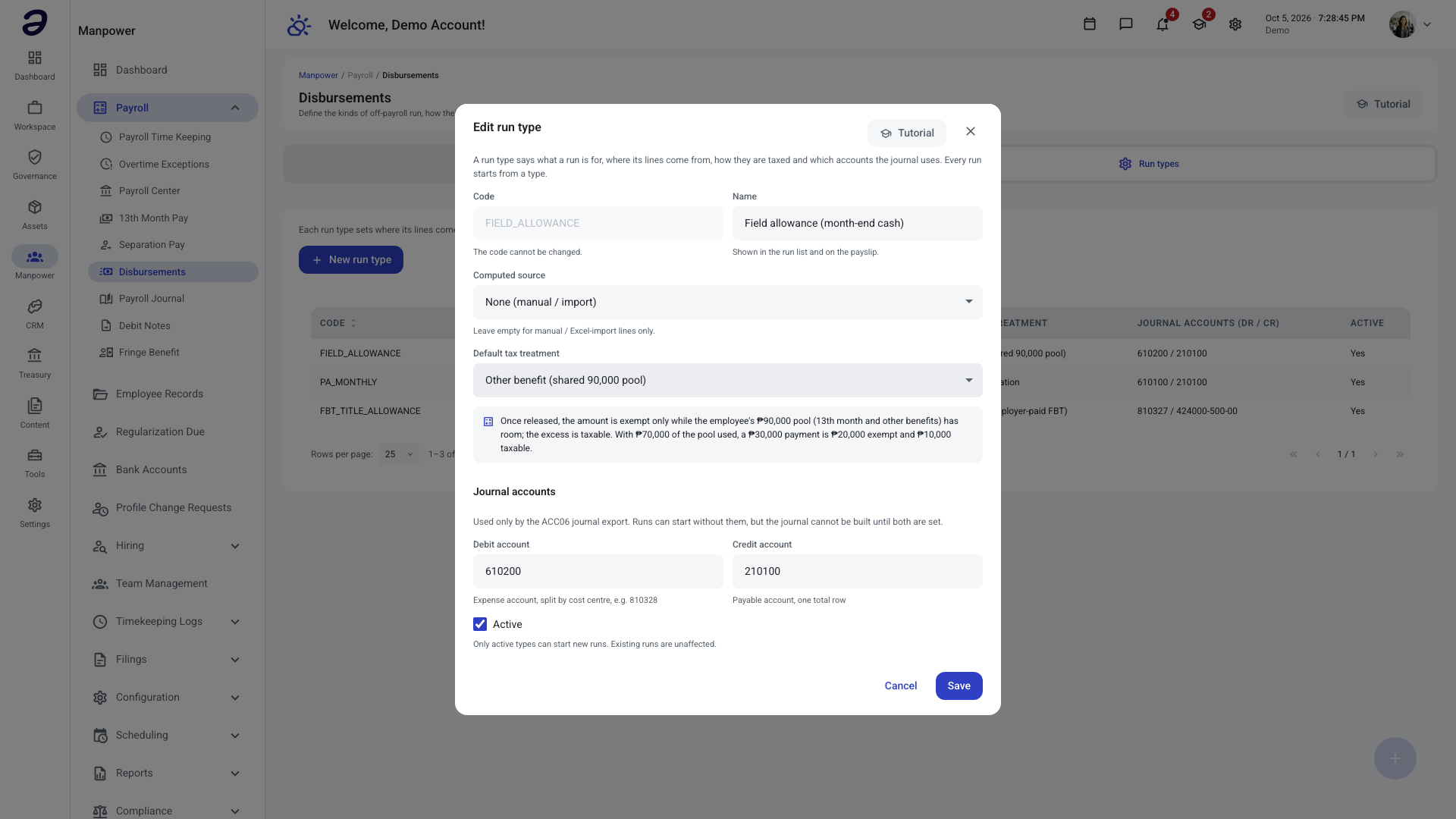 Edit run type dialog with the tax effect line under the default tax treatment and the journal accounts