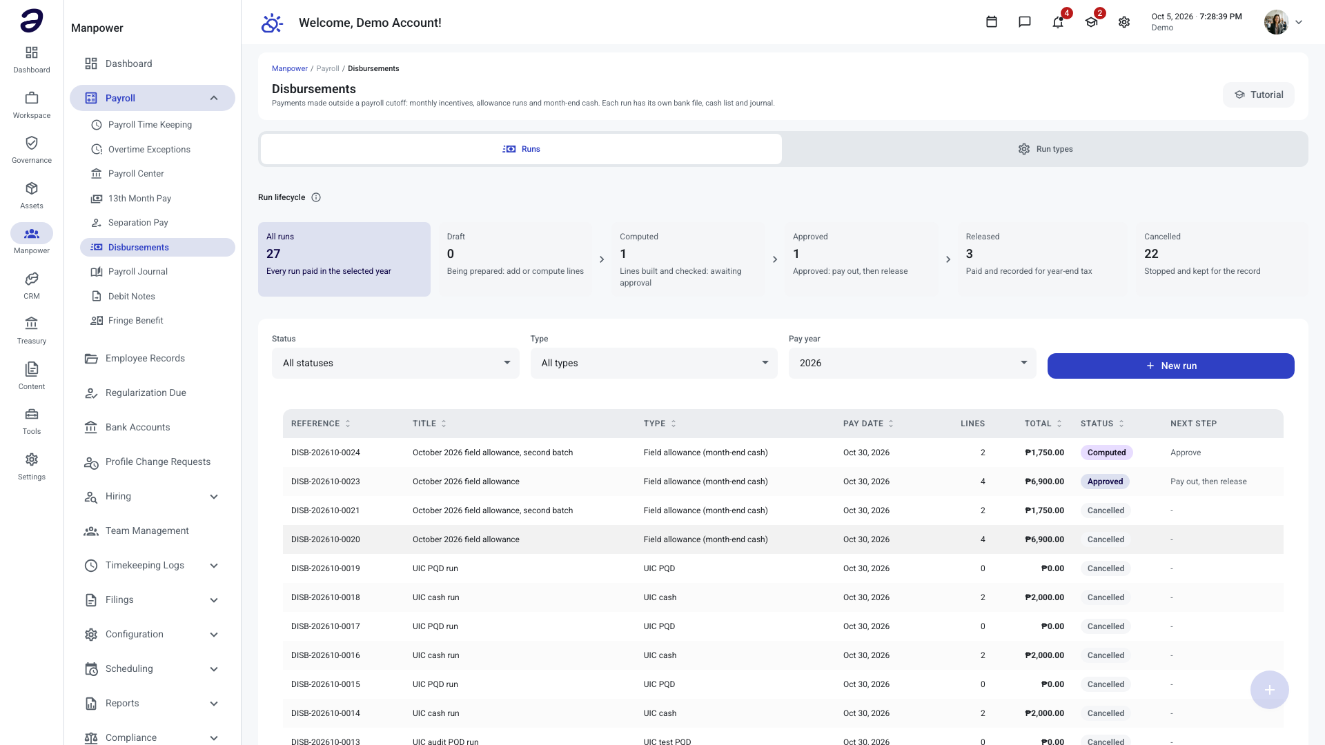 Disbursements page with the run lifecycle strip and a list of runs