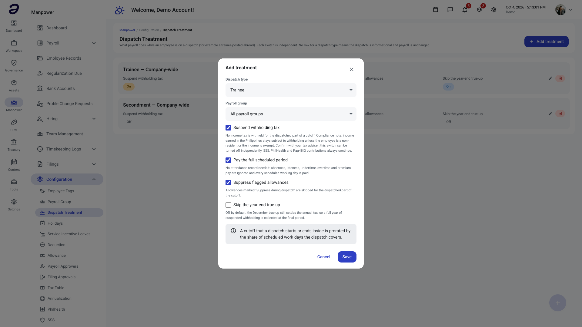 Add treatment dialog with dispatch type, payroll group and the four independent switches