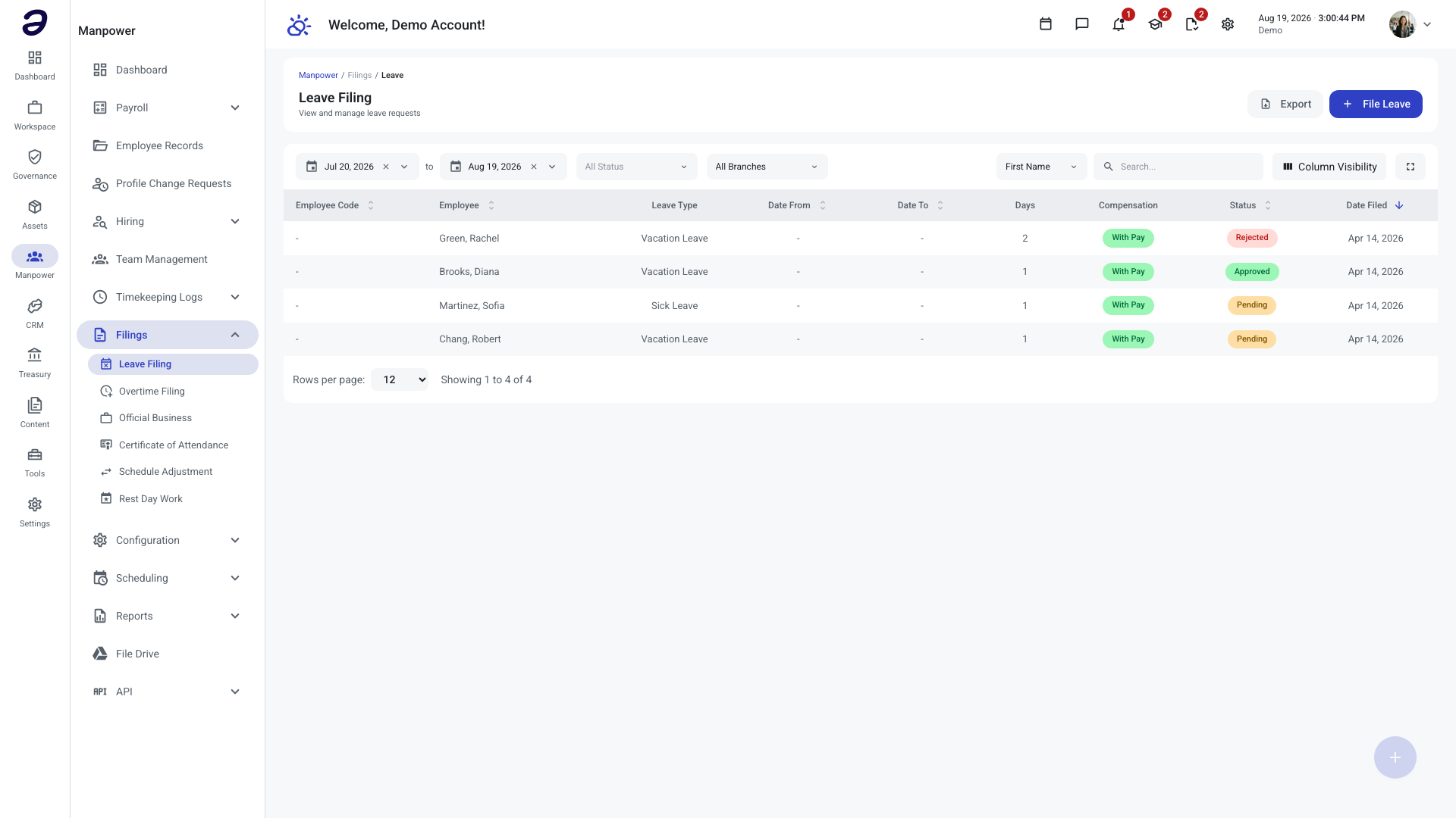 Leave Filing screen listing leave requests with their type, dates, compensation, and approval status