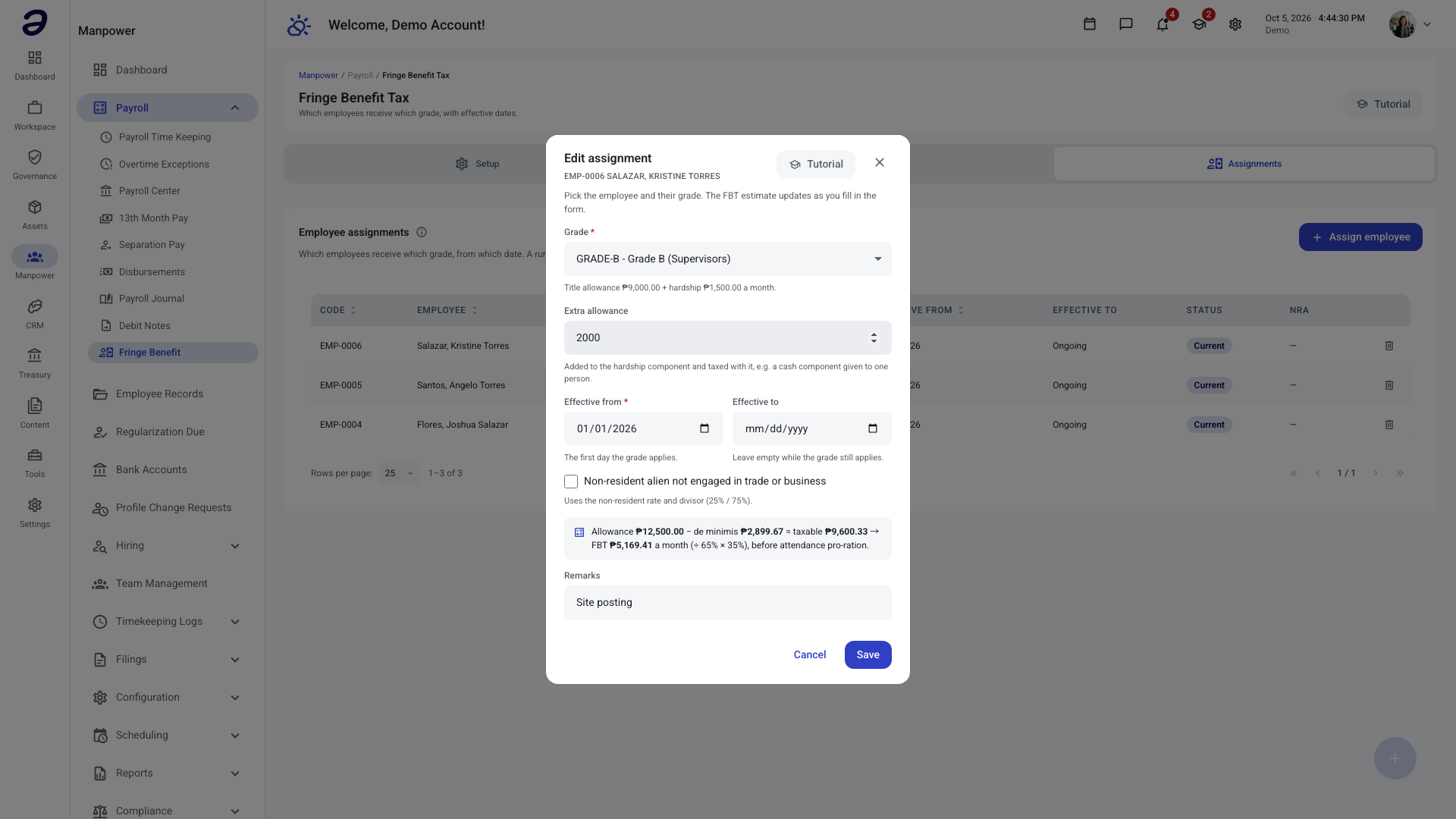 Edit assignment dialog with grade, extra allowance, dates, the non-resident option and the live FBT estimate