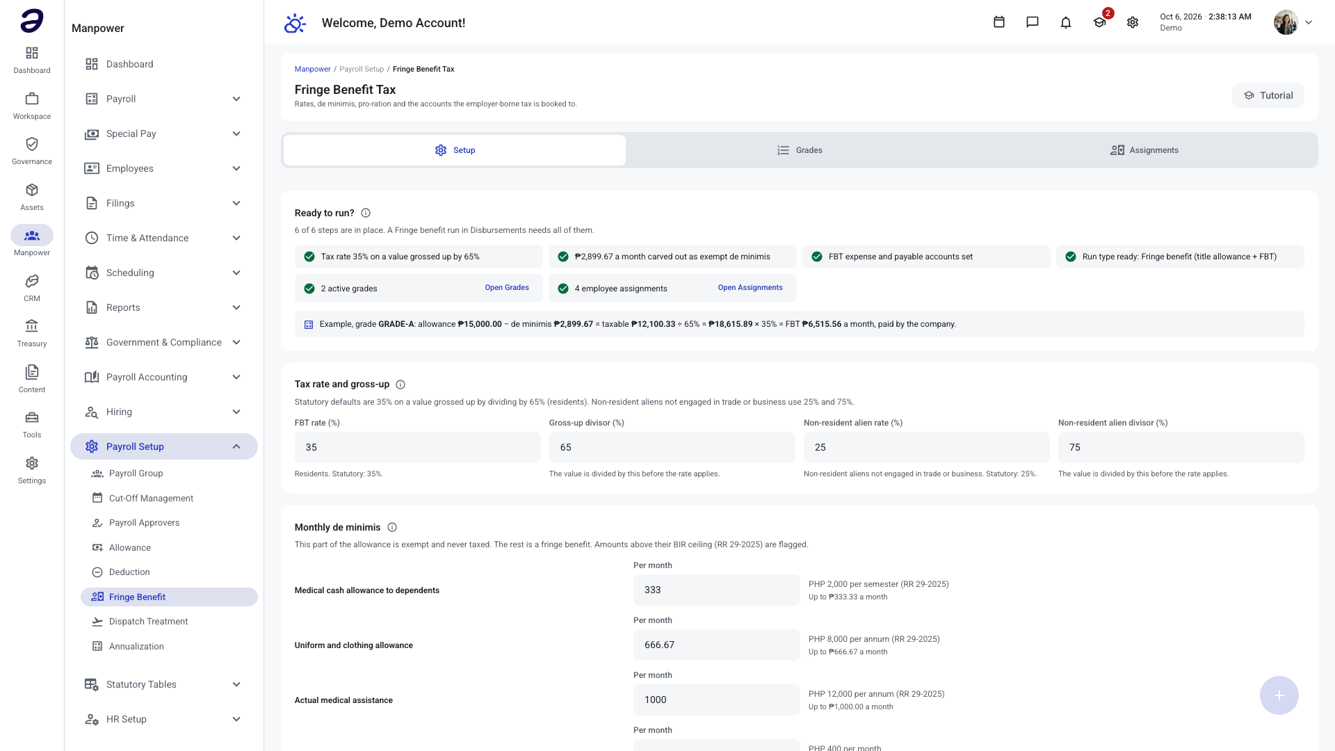 Fringe Benefit Tax setup tab with the Ready to run checklist, the worked example and the tax rate fields