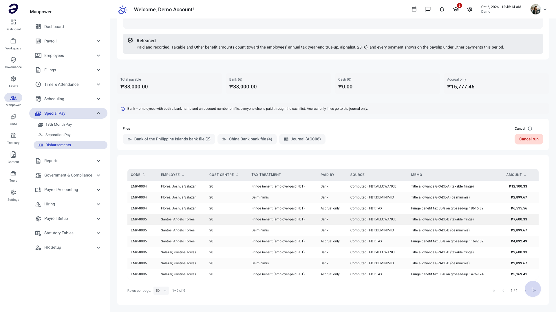 Released fringe benefit run with the payable and accrual-only totals and three lines per employee