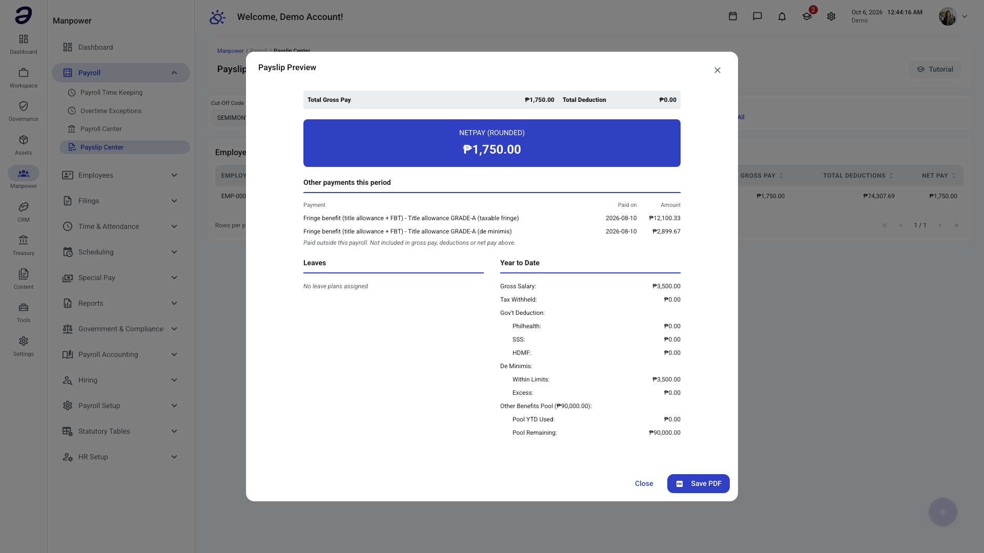 Payslip preview of a GRADE-A employee with the taxable fringe and de minimis lines under Other payments this period