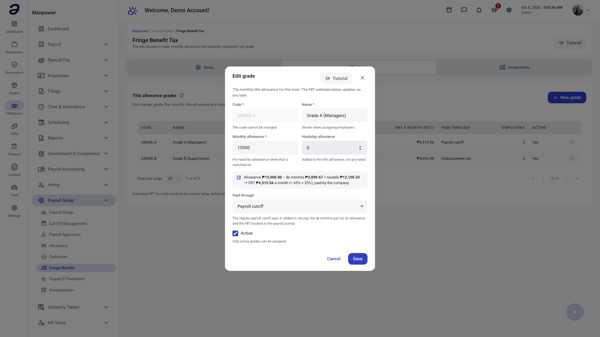 Edit grade dialog with Paid through set to Payroll cutoff