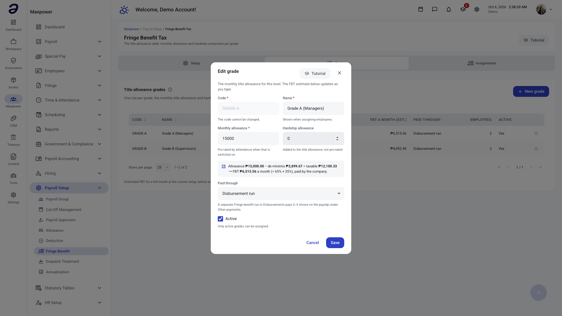 Edit grade dialog with code, name, monthly allowance, hardship allowance and the live FBT estimate