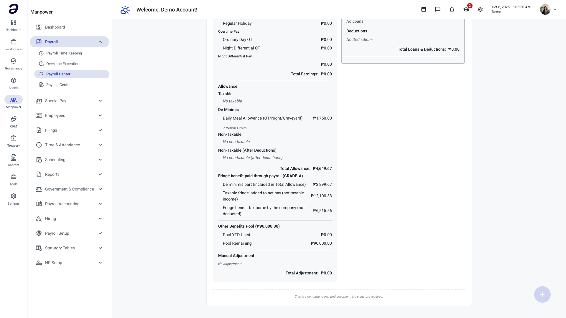 Payroll statement of the cutoff that carries the month: de minimis, taxable fringe added to net pay, and the company FBT
