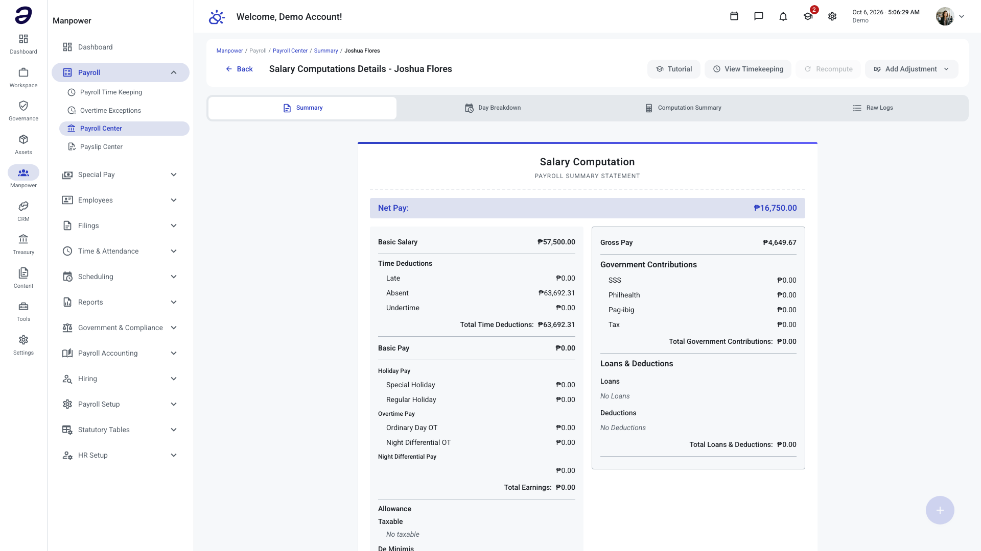 Salary computation statement of a GRADE-A employee: net pay 16,750.00 and gross pay 4,649.67