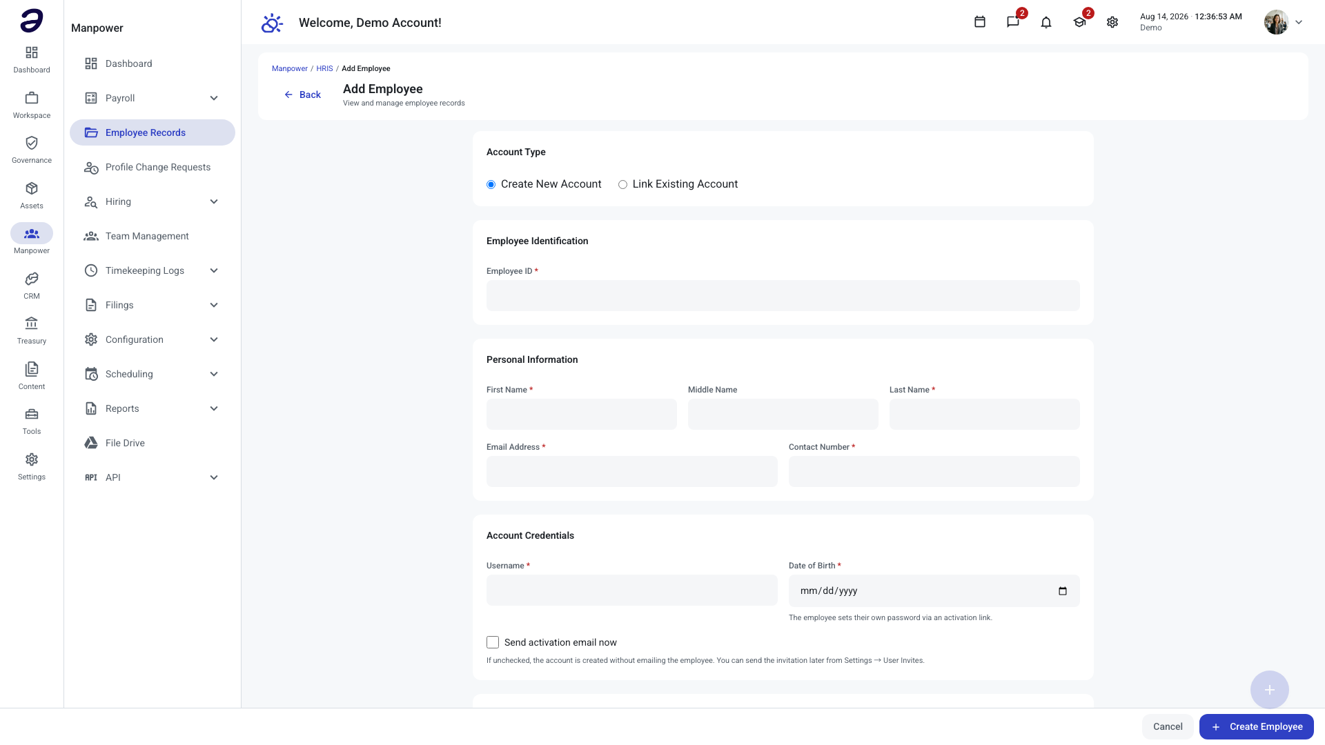Add Employee form showing the Account Type, Employee Identification, Personal Information, and Account Credentials sections