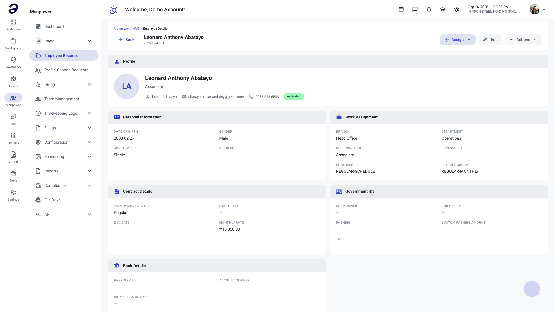 Employee detail page showing the Profile, Personal Information, Work Assignment, Contract Details, Government, and Bank Details cards
