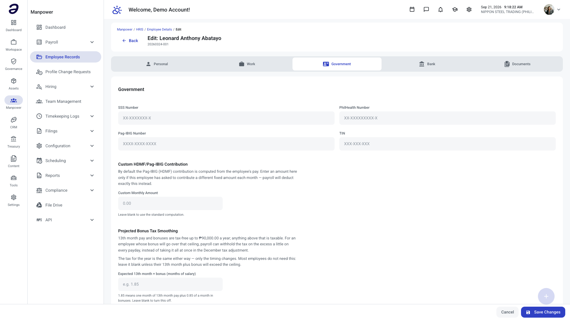 Projected Bonus Tax Smoothing block on the Government tab of the employee edit page, showing the field and its live worked example