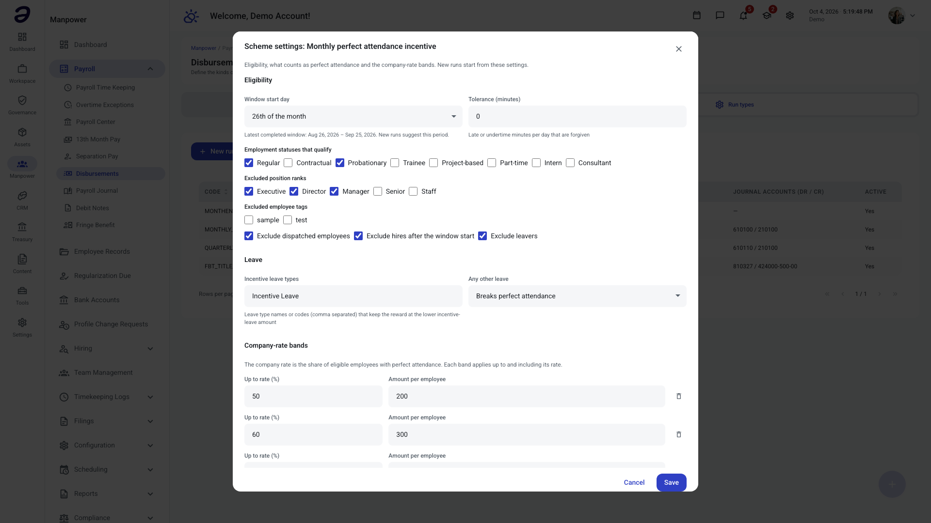 Scheme settings dialog for a Perfect Attendance run type showing eligibility, leave rules and company-rate bands