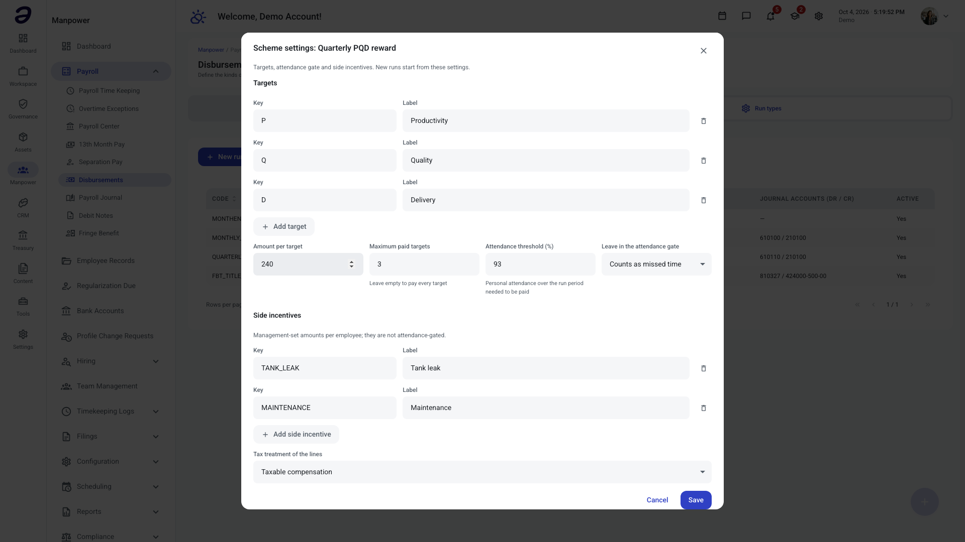 Scheme settings dialog for a PQD reward run type showing targets, amount per target and side incentives