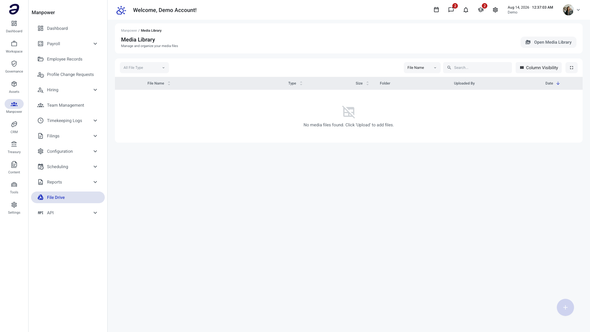 Manpower Media Library listing stored files with their preview, type, size, and folder