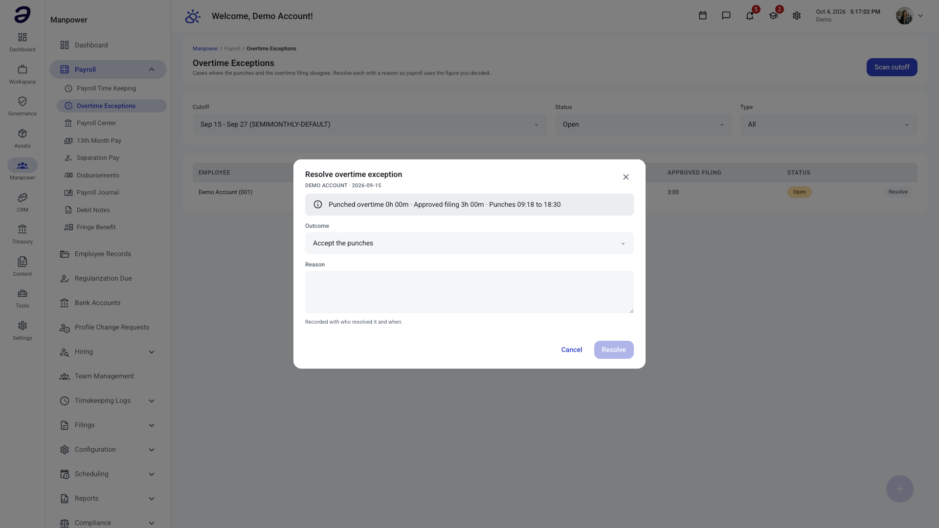 Resolve overtime exception dialog with the punched and filed figures, an outcome and a required reason