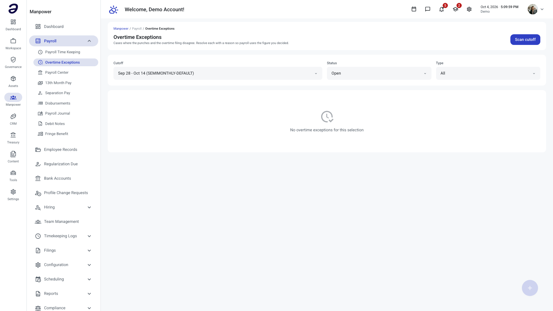 Overtime Exceptions queue filtered to one cutoff showing an open exception