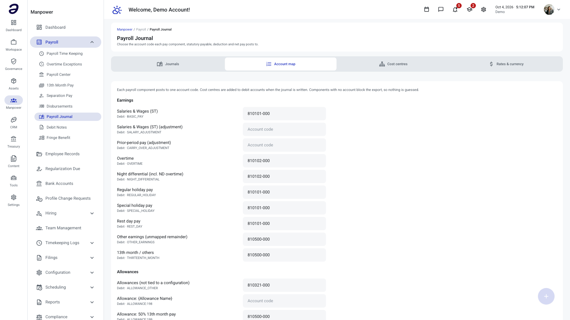 Account map tab listing each payroll component with the account code it posts to