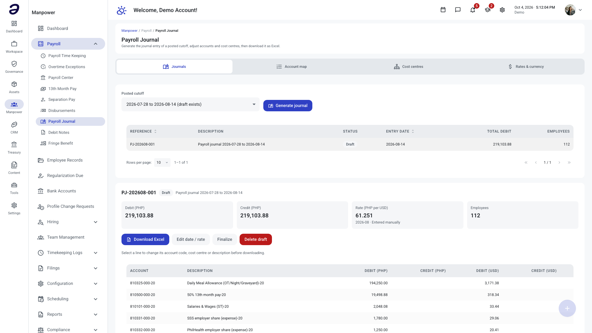 Draft payroll journal with debit and credit totals, the exchange rate and its lines