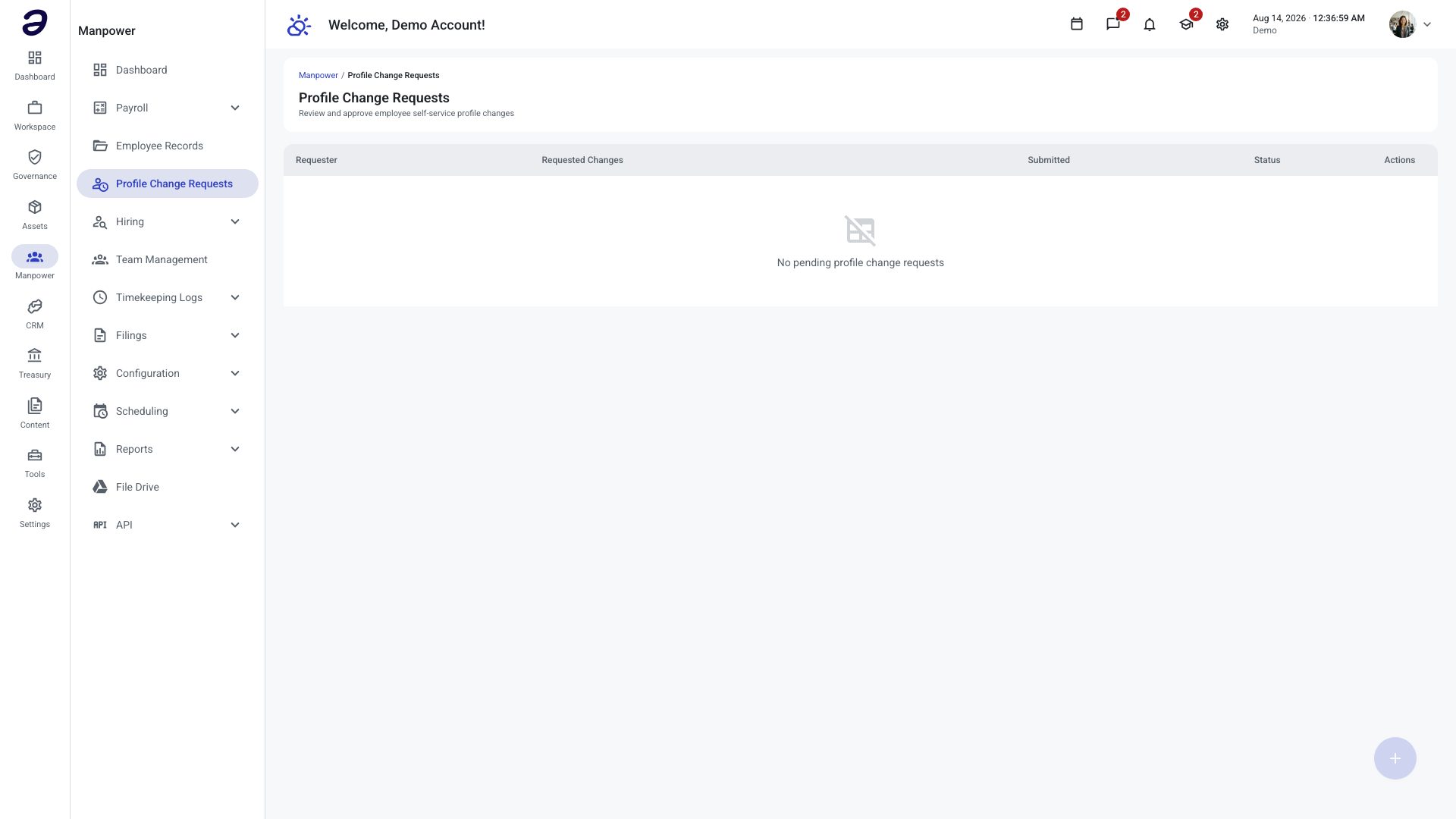 Profile Change Requests page listing employee self-service profile edits awaiting review