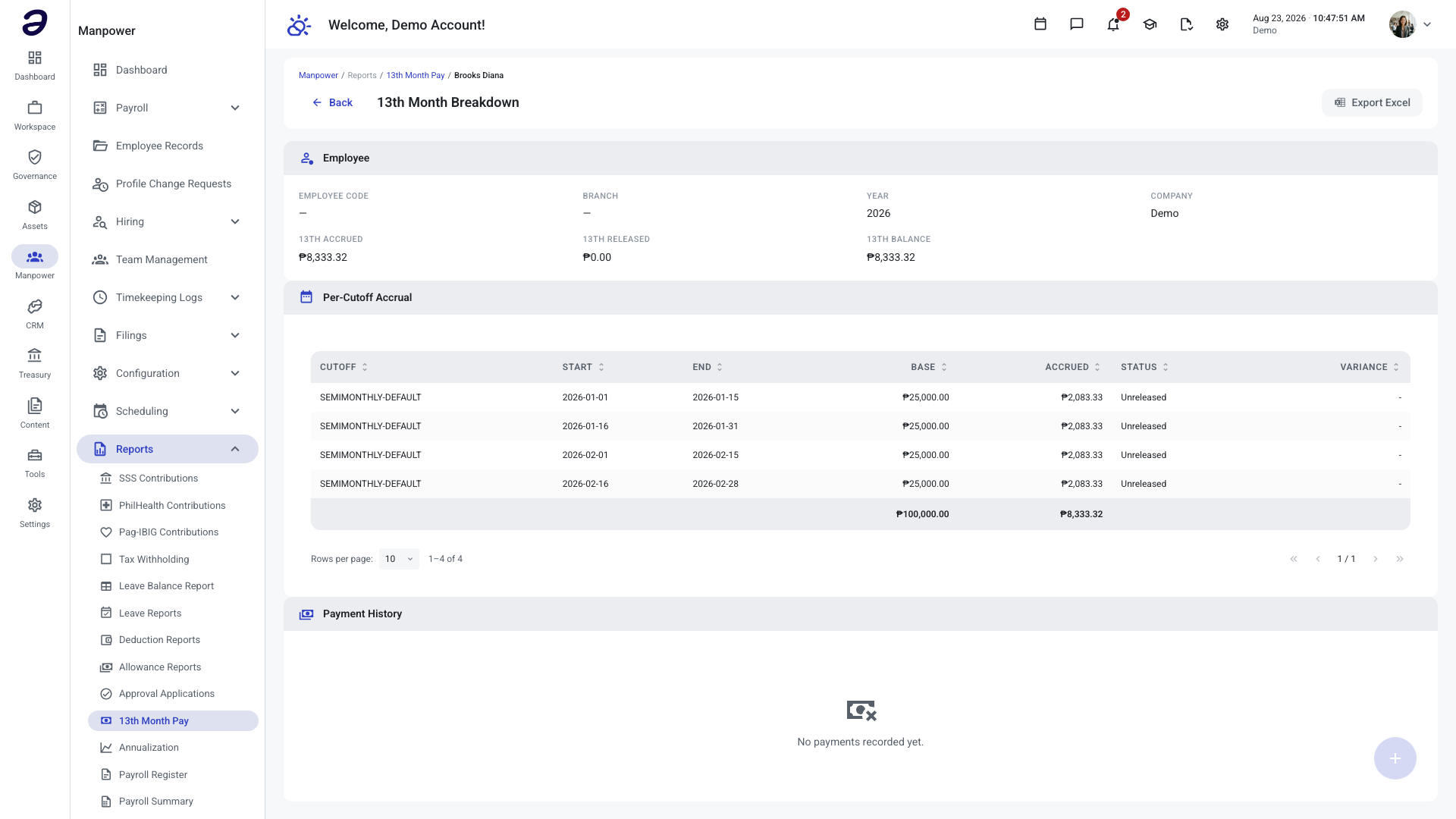 13th Month Pay Breakdown page for one employee showing the Employee panel, per-cutoff accrual table, and payment history