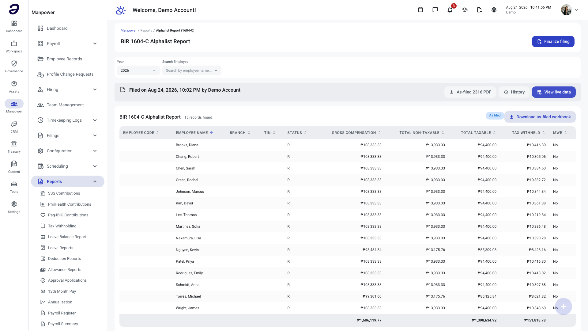 Alphalist Report in As-filed view: an 'As filed' chip above the table, row click-through disabled, and a Download as-filed workbook button replacing the live export