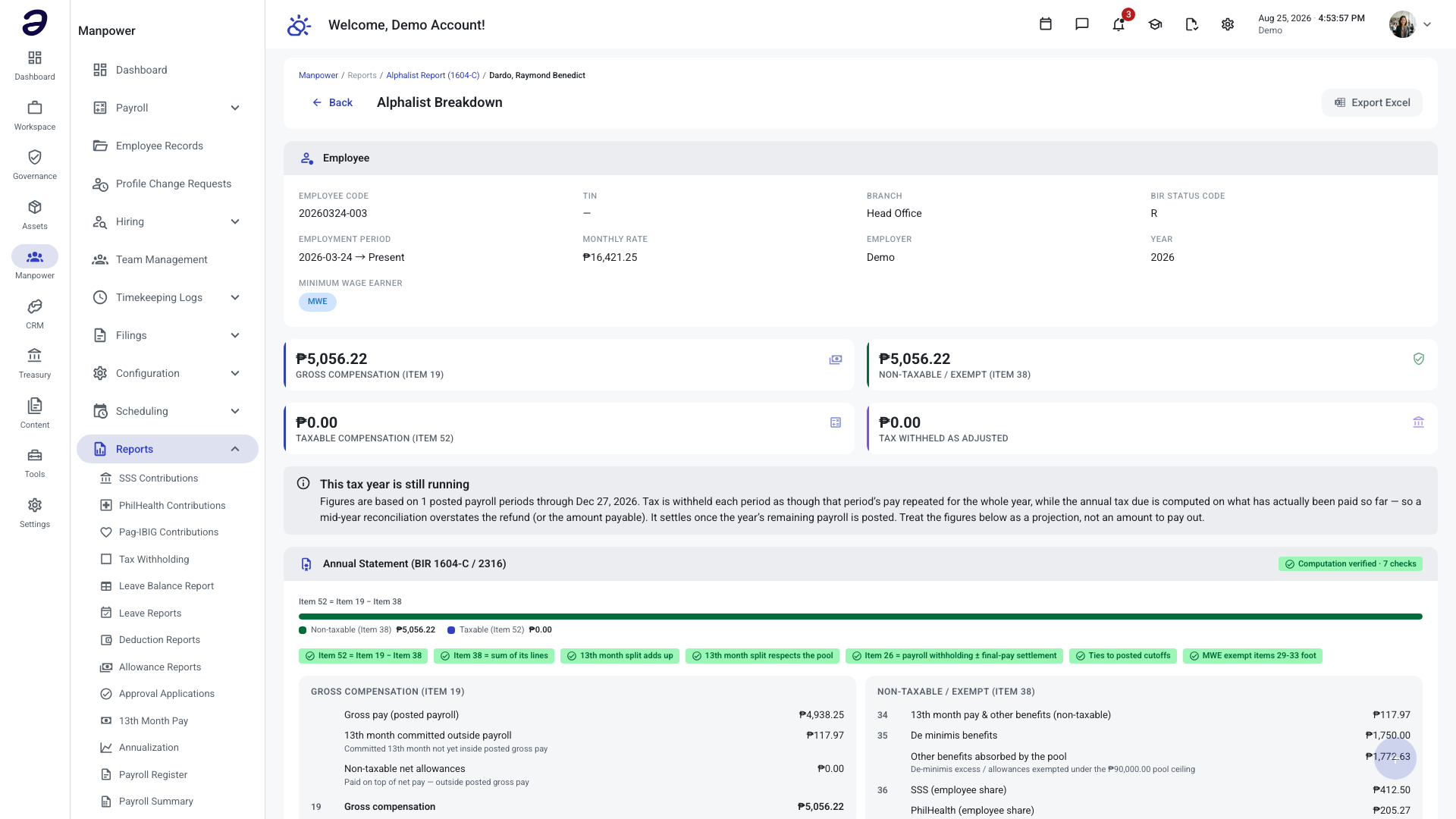 Alphalist Breakdown for a declared Minimum Wage Earner showing zero annual tax due, a passing MWE exempt items 29-33 computation check, and the Schedule 2 declaration snapshot