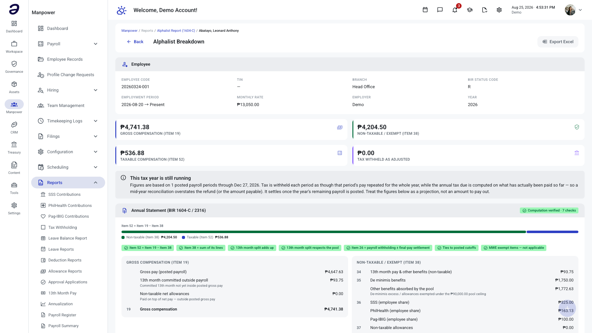 Alphalist Breakdown page for one employee showing the Employee panel, the Gross/Non-Taxable/Taxable/Tax Withheld summary cards, the Computation verified checks, and the Annual Statement mapped to BIR 1604-C / 2316 items