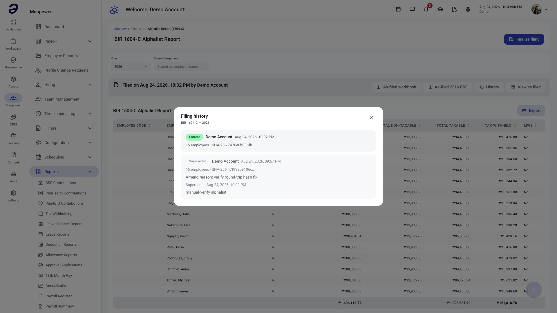 Filing History dialog for the Alphalist Report showing a Current entry and a Superseded entry, each with who filed it, when, and its SHA-256 evidence hash