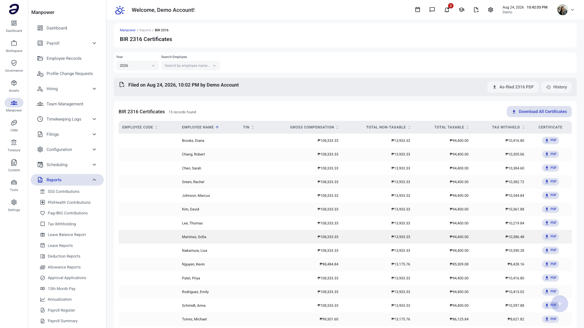 BIR 2316 Certificates report listing every employee with a Download All Certificates action and per-row PDF buttons