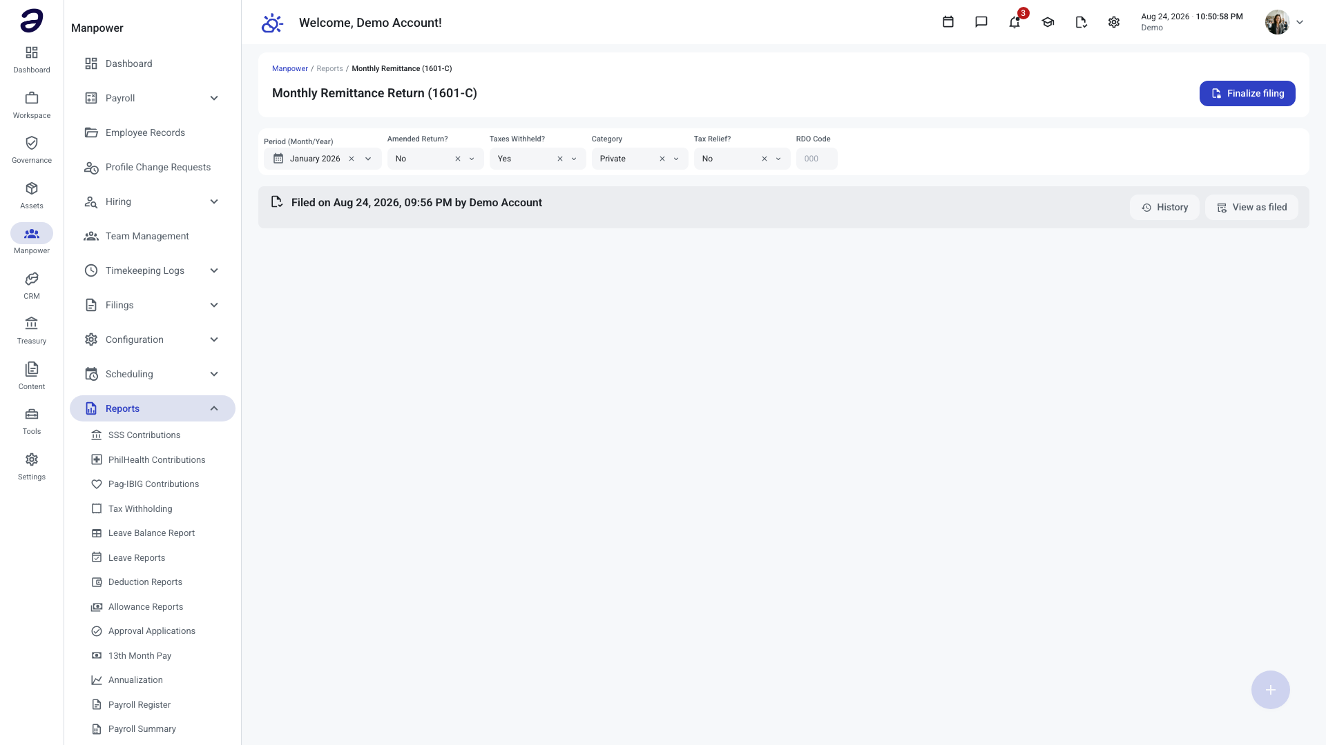 Monthly Remittance Return (1601-C) page for an already-filed period, with the month picker, filing option fields, the Finalize filing button in the header, and the Filed banner