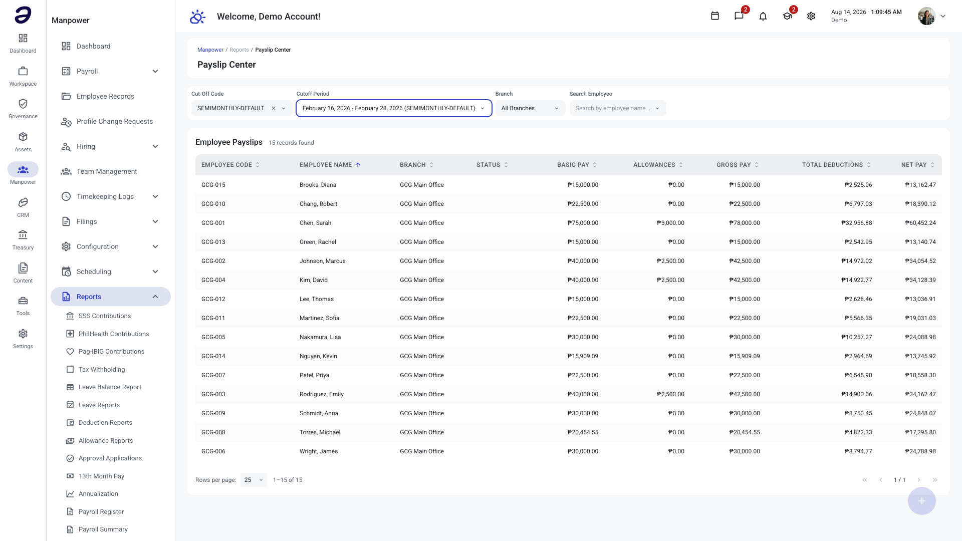 The Payslip Center under Manpower Reports, with the cut-off pickers above a table of employee payslips