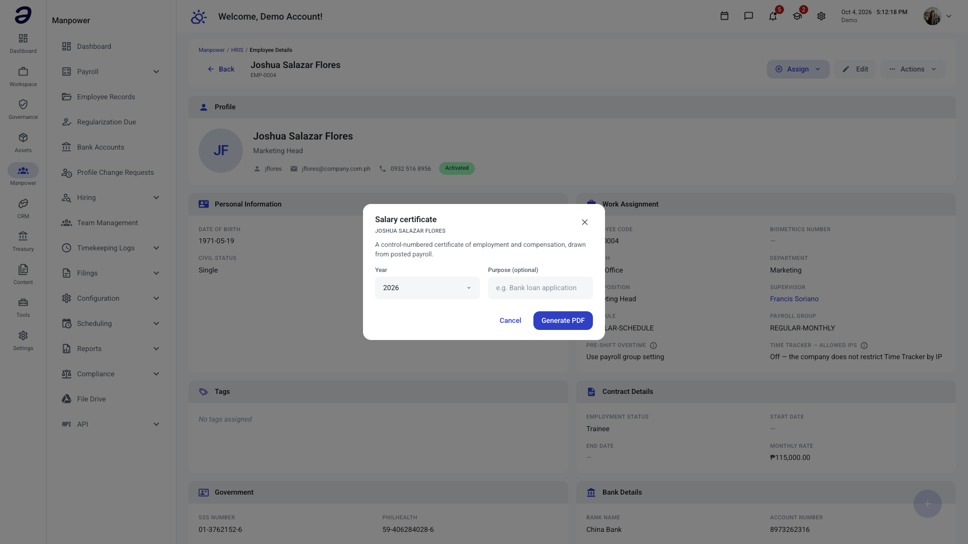 Salary certificate dialog on an employee record with a year and an optional purpose