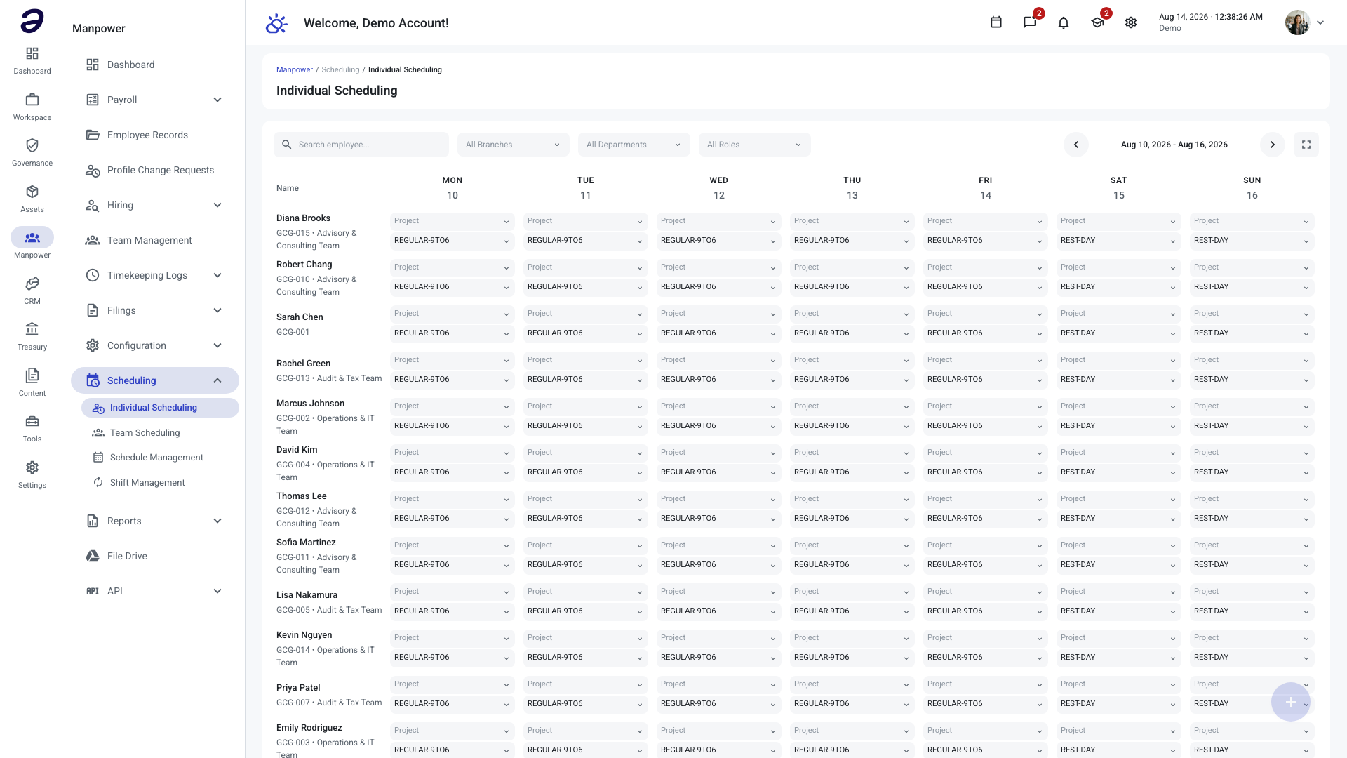 Individual Scheduling showing a week grid with one row per employee and a shift selector under each day