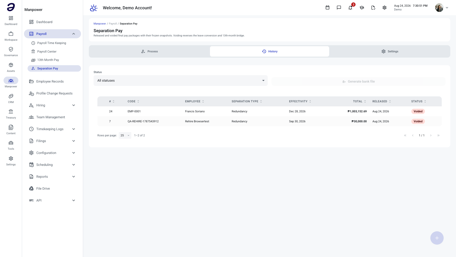 Separation Pay History tab showing the Generate bank file button above the package list