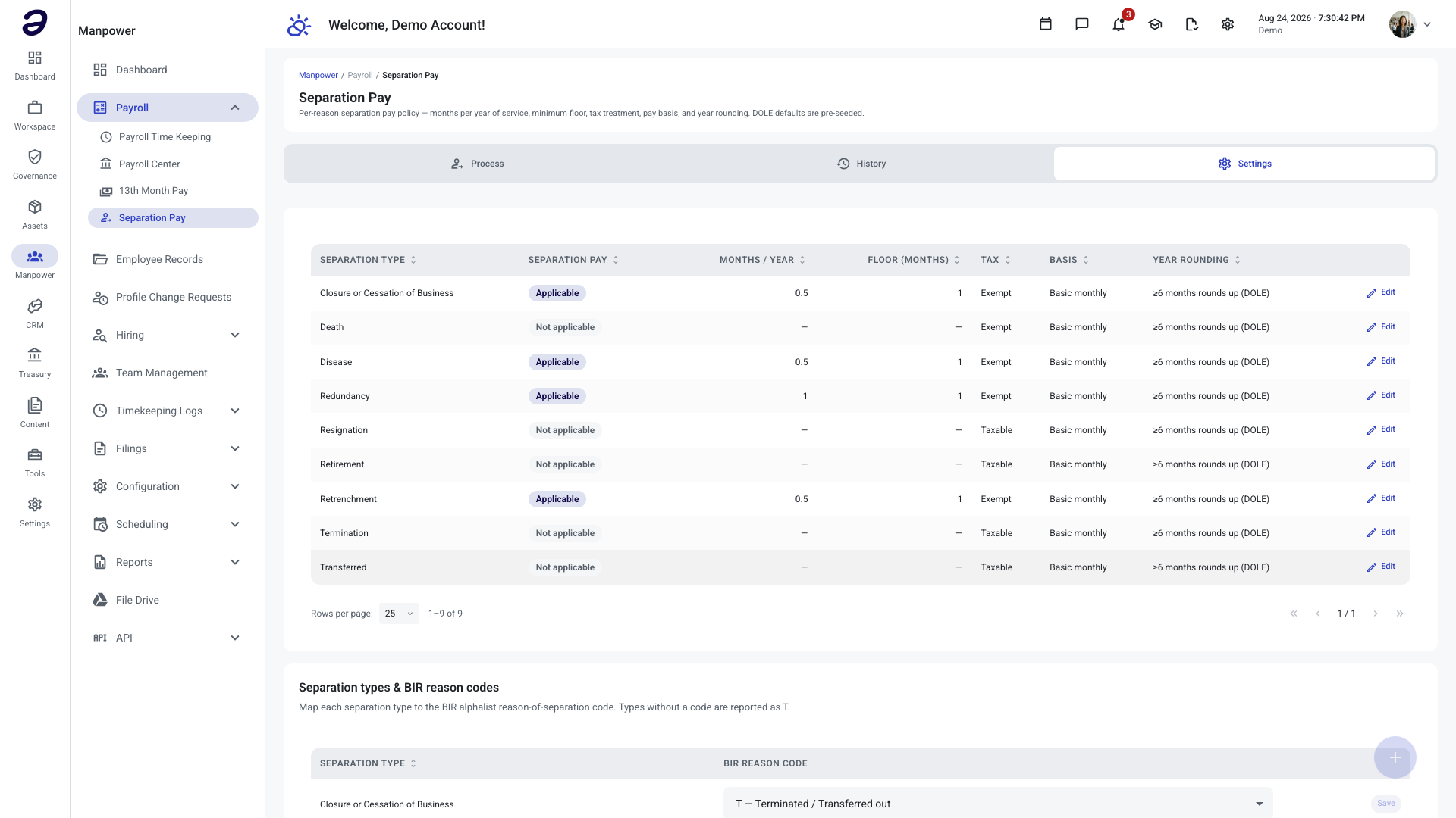 Separation Pay Settings tab showing the per-separation-type policy table with DOLE defaults