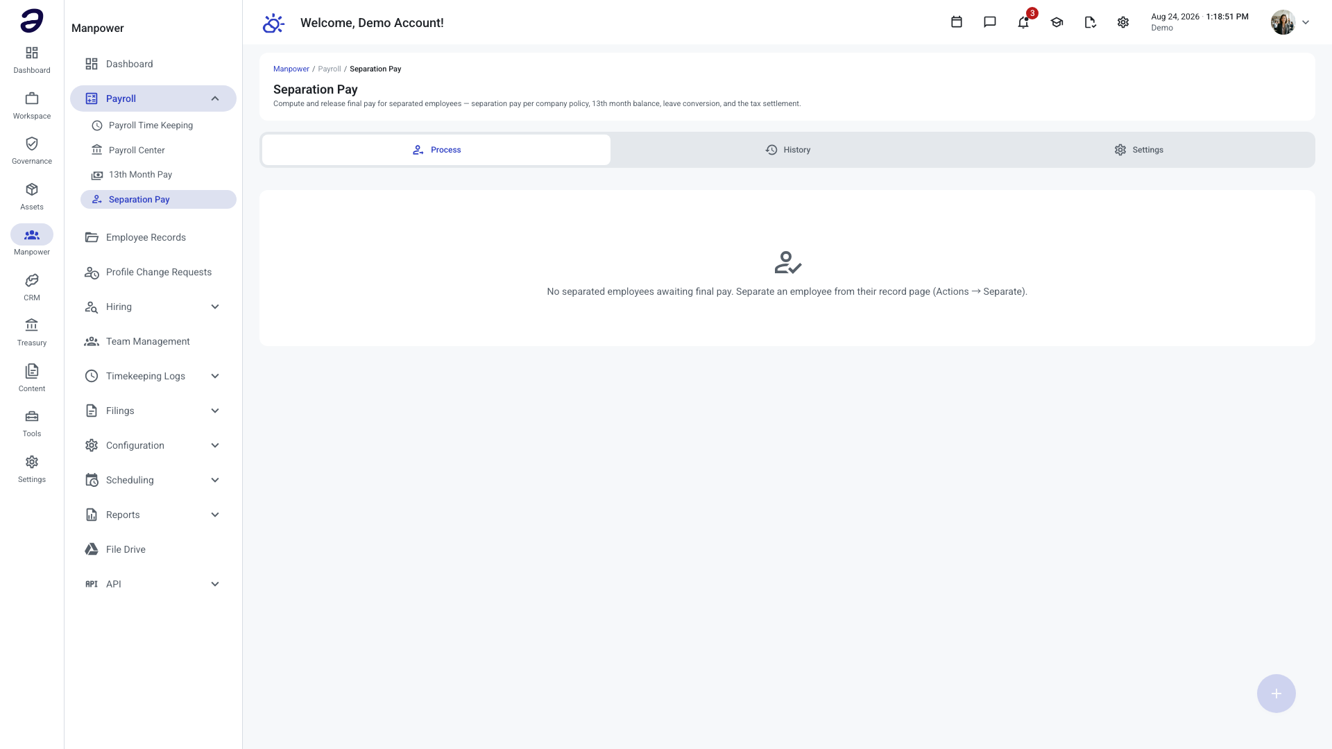Separation Pay — Process tab listing separated employees awaiting final pay