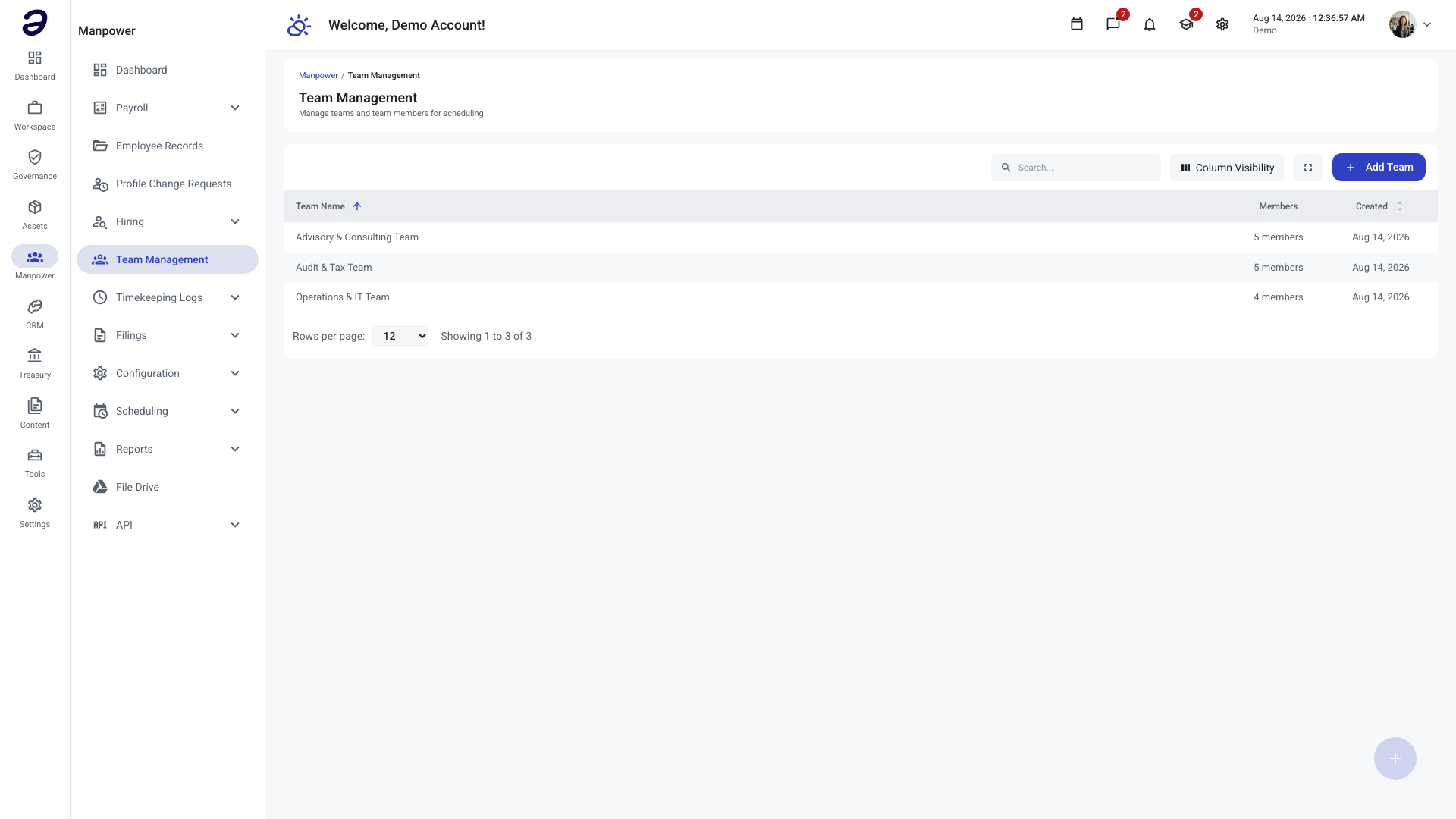 Team Management page listing teams with their member counts and created dates