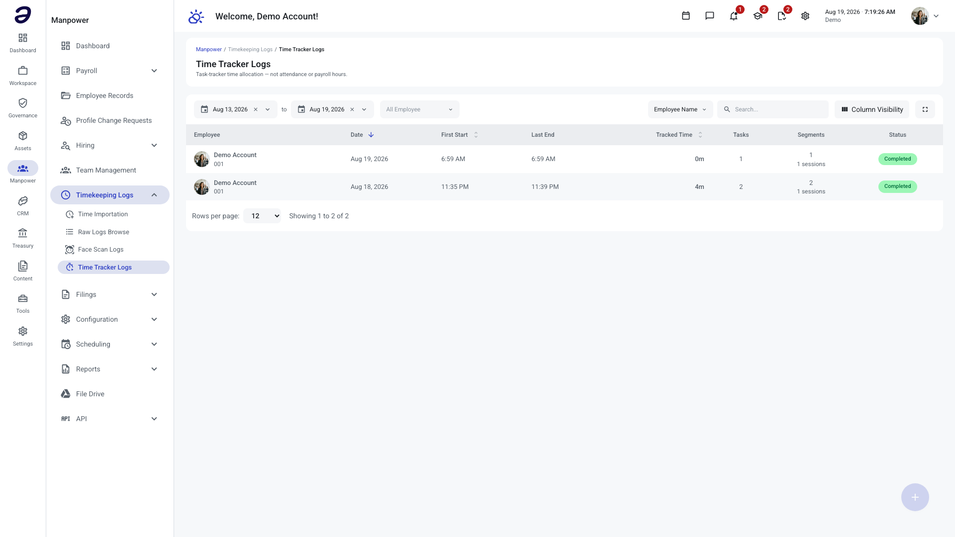 Time Tracker Logs listing one row per employee per day of task-timer activity