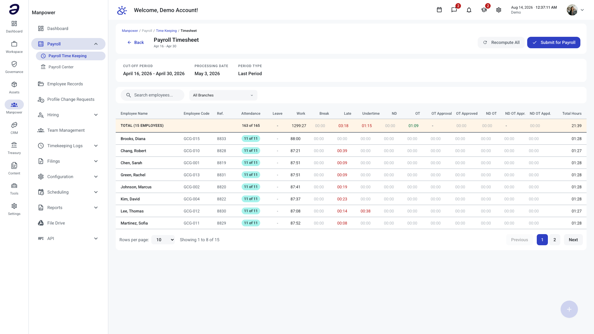 Payroll Timesheet listing every employee in the cut-off with their computed hours