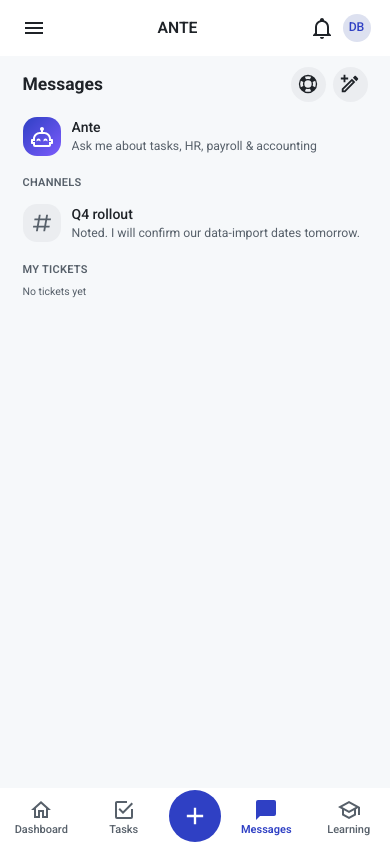 The Messages tab on ANTE Mobile listing Ante, one channel with a message preview, and a My Tickets section, with the bottom bar highlighting Messages