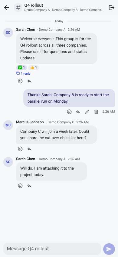 A shared group on ANTE Mobile with company names under each sender and the Leave group button in the top-right corner
