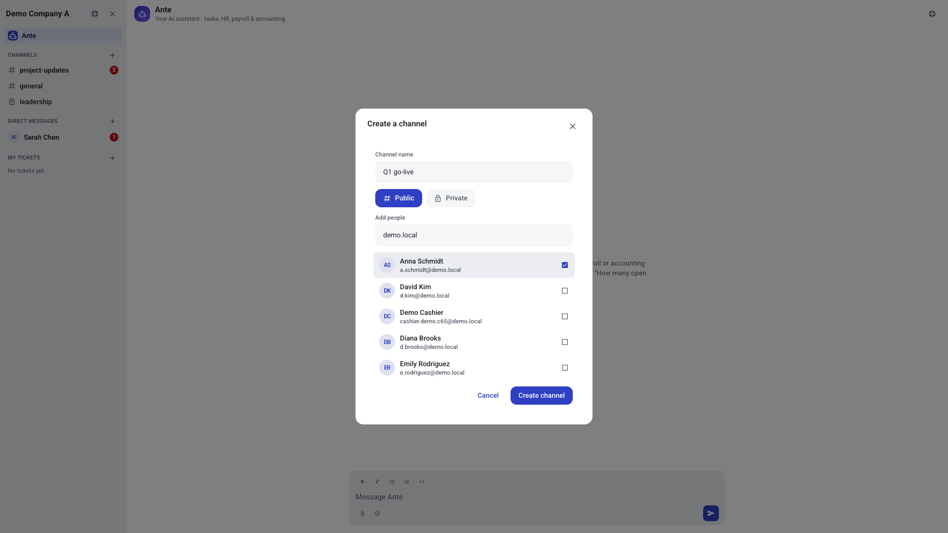 The Create a channel dialog with a channel name filled in, the Public and Private buttons, an Add people search box, and a list of colleagues with check boxes
