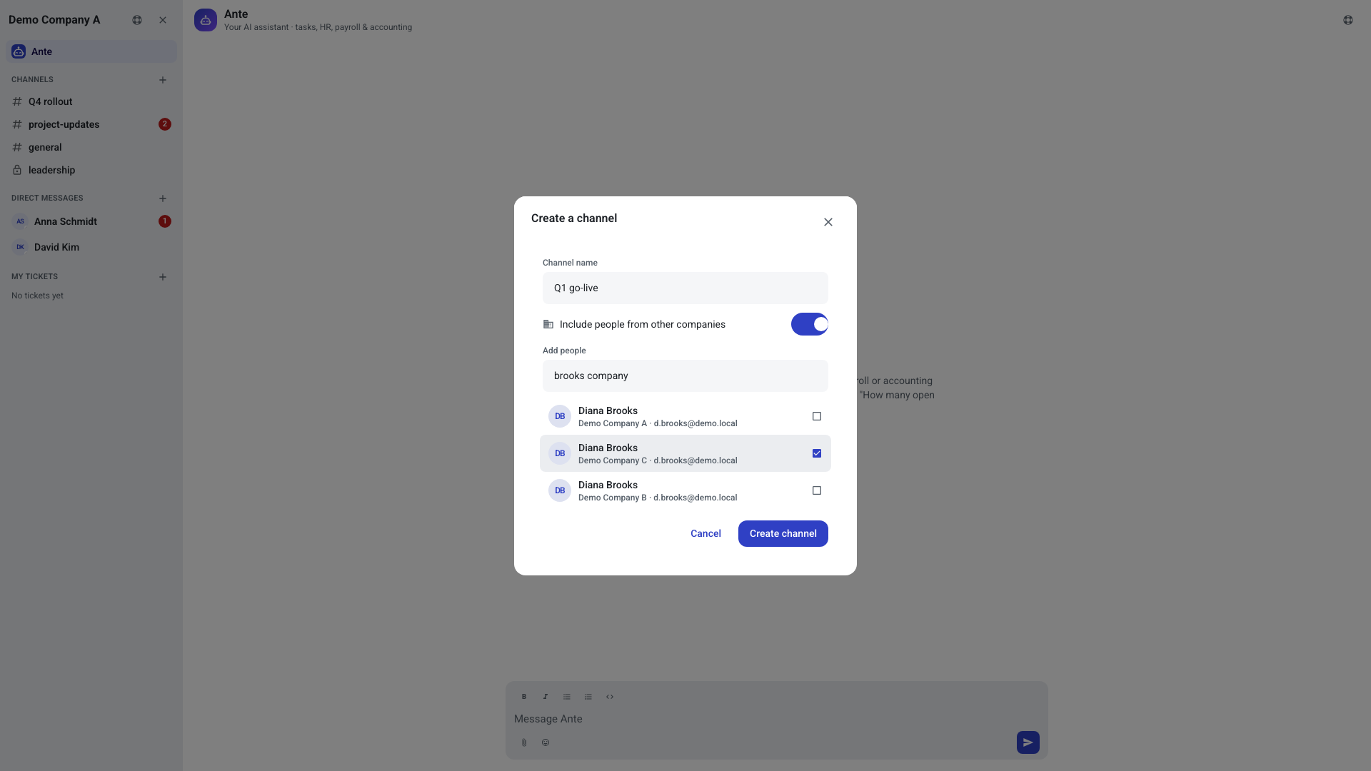 The Create a channel dialog with the Include people from other companies switch turned on and a search box listing the same person from three different companies, one of them ticked