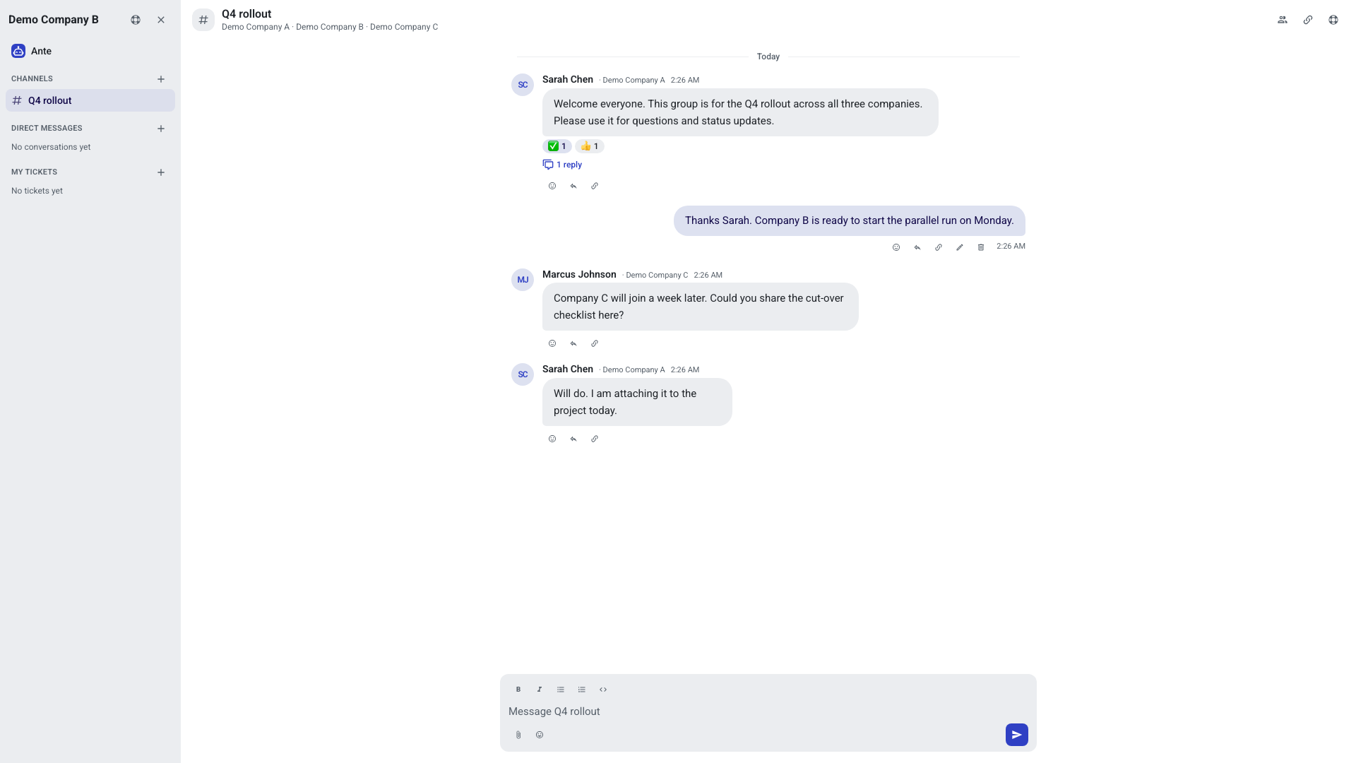 A shared group called Q4 rollout opened by a client member, with the header listing three companies and every message showing the sender's name followed by their company